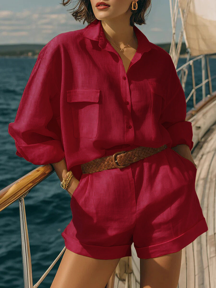 Damen Luftiges Kurzarm-Hemd und Shorts-Set Drune
