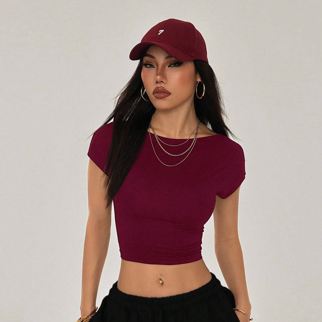 Damen Crop-Top mit breitem Ausschnitt und körperbetontem Schnitt Drune