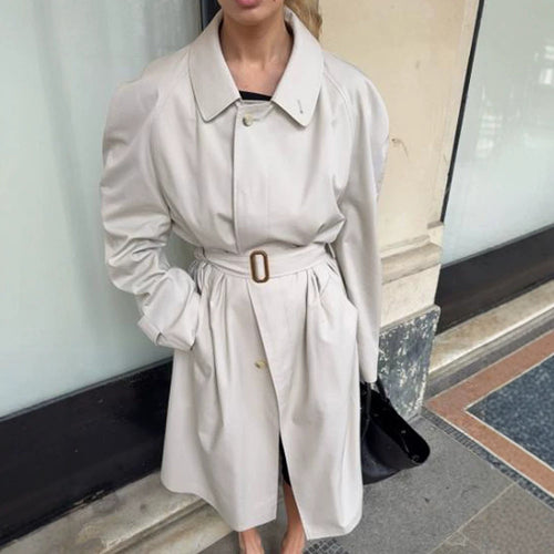 Damen Midilanger Trenchcoat im Cocoon‑Cut mit Bindegürtel und Raglanärmeln Drune