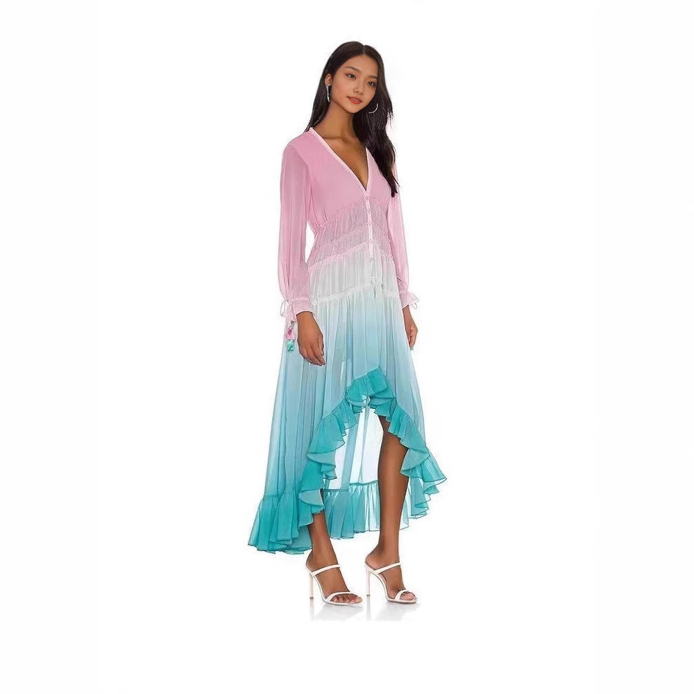 Damen Maxikleid mit fließendem Schnitt und zarten Rüschendetails Drune