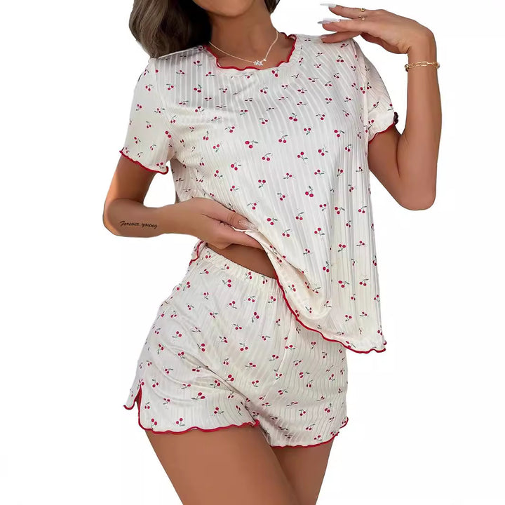 Damen Schlafanzug Set mit elegantem Spitzendetail und fröhlichem Kirschmuster Drune