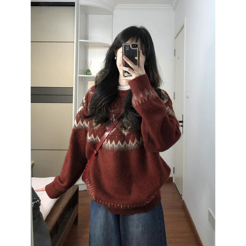 Damen Modischer Pullover mit traditionellem Muster Drune