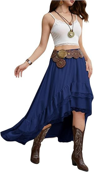 Damen Boho Maxi-Rock mit asymmetrischem Saum und Spitzenverzierungen Drune