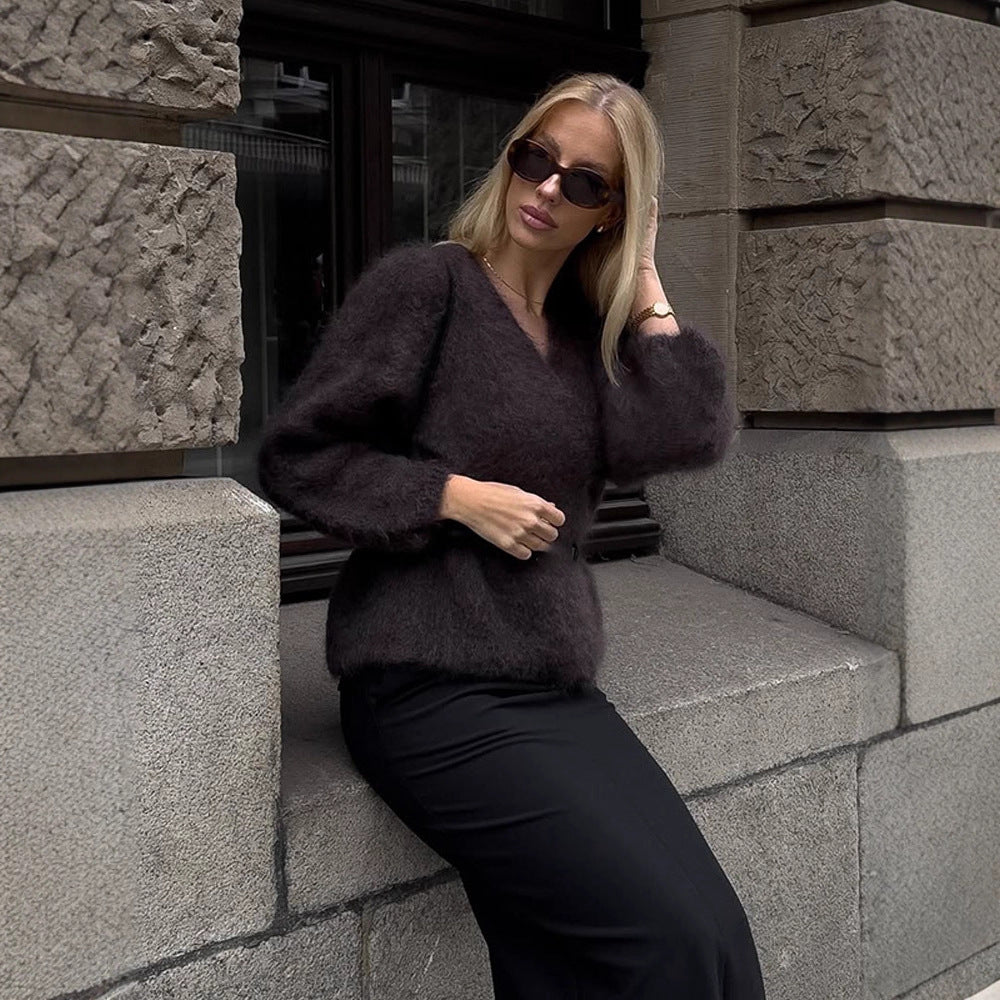 Damen Flauschiger Mohair-Pullover mit Ballonärmeln und leichtem Cropped-Schnitt Drune
