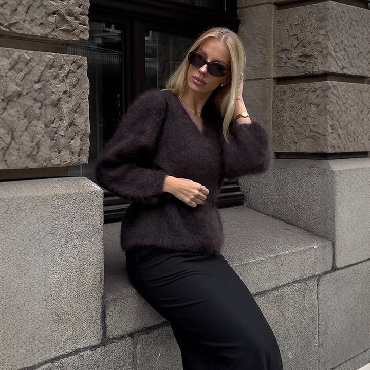 Damen Flauschiger Mohair-Pullover mit Ballonärmeln und leichtem Cropped-Schnitt Drune