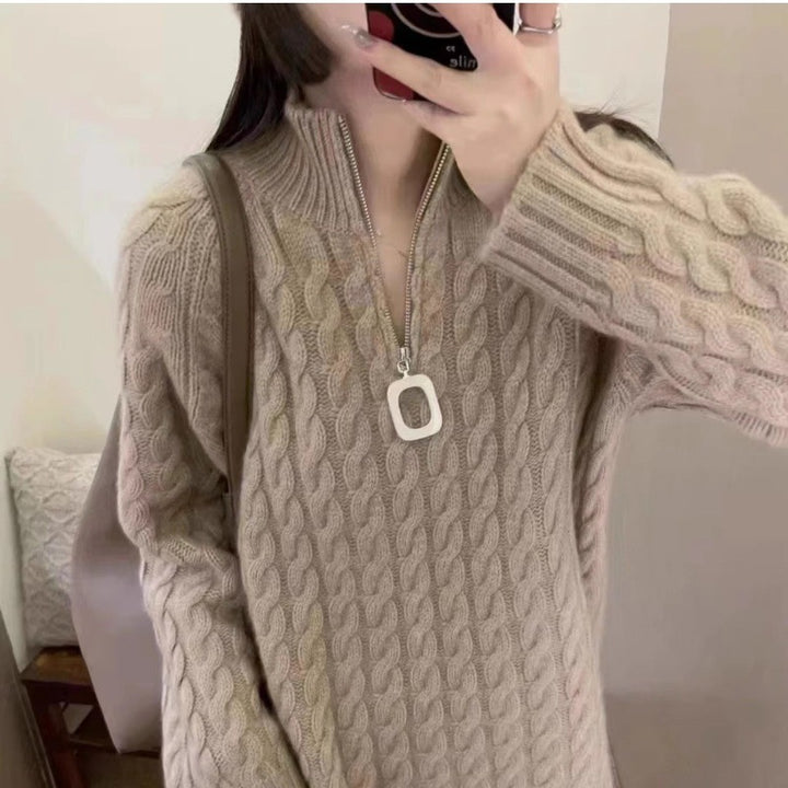 Damen Oversize Zopfmuster-Feinstrickpullover mit halbem Zipper und Stehkragen Drune