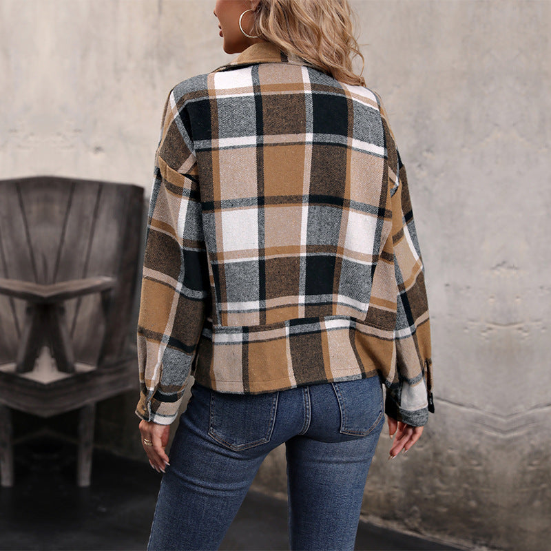 Damen Modische Karo Jacke mit Kragen Drune