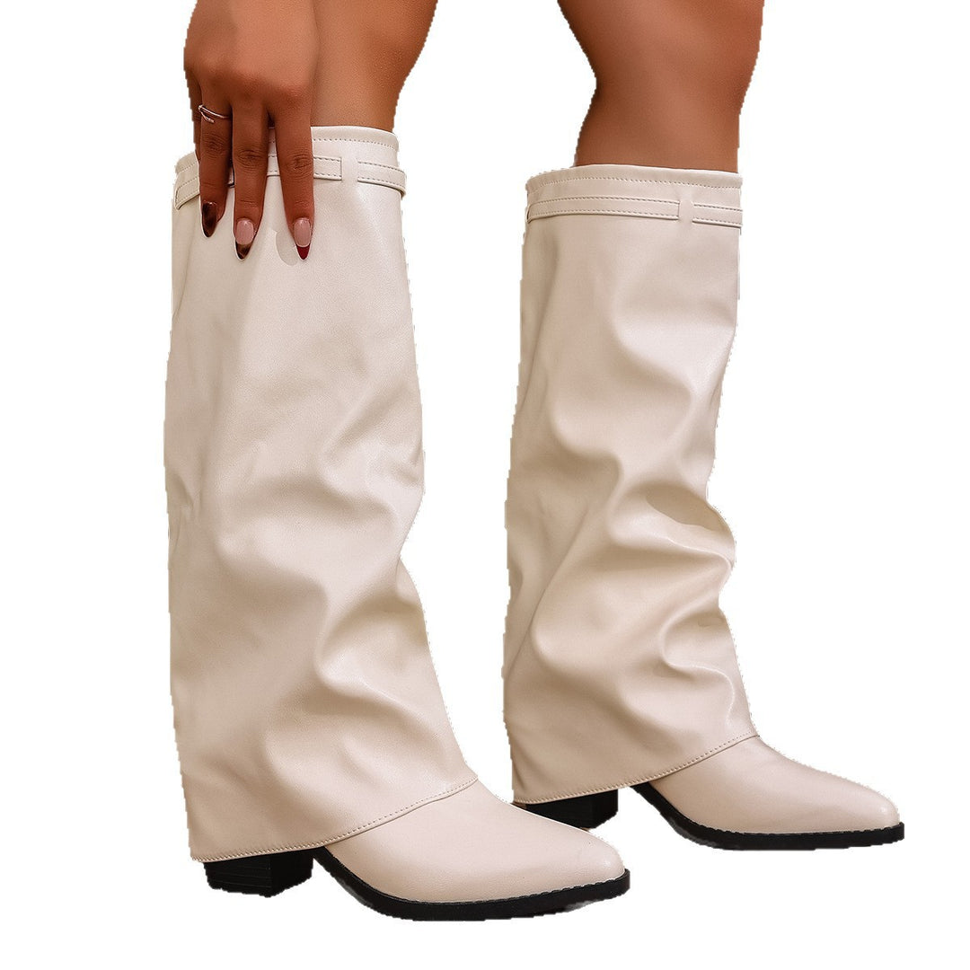 Damen nan kniehohe Slouch-Stiefel mit spitzer Zehenpartie niedrigem Blockabsatz und dekorativem Schaftgurt Drune