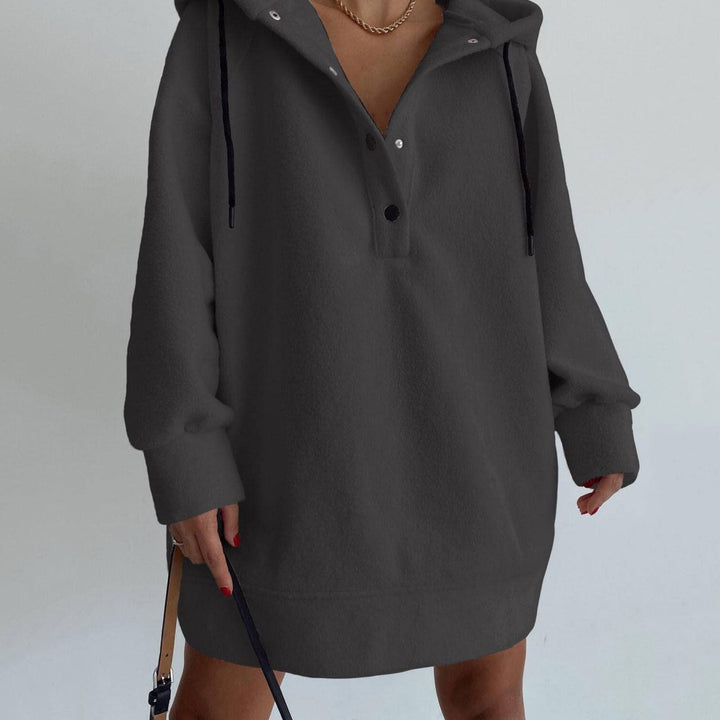 Damen nan kuscheliges Kapuzen-Fleece-Tunika-Sweatshirt mit Druckknopfleiste und überschnittener Schulter Drune