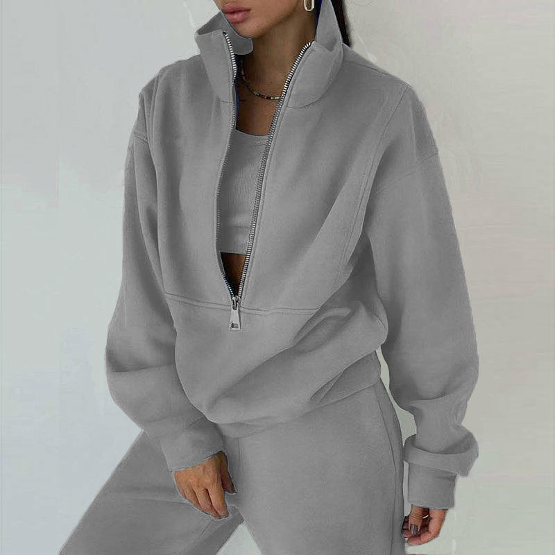 Damen nan kurzes Halbzip-Sweatshirt-und-Jogginghose-Set mit Stehkragen, oversized Schnitt und weichem French-Terry Drune