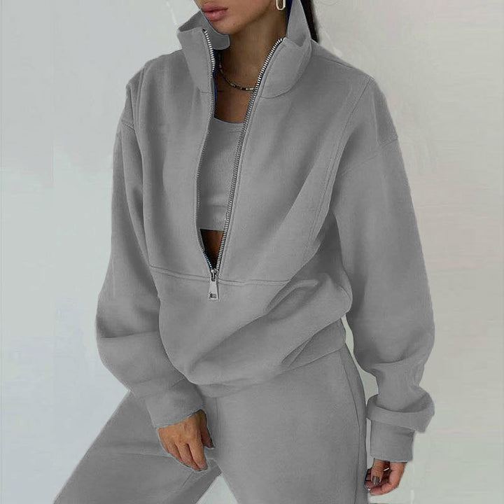 Damen nan kurzes Halbzip-Sweatshirt-und-Jogginghose-Set mit Stehkragen, oversized Schnitt und weichem French-Terry Drune