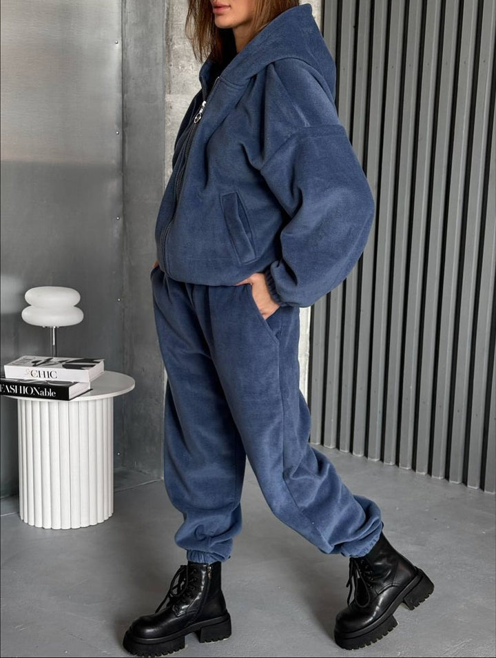 Damen Plüsch-Loungewear-Set mit Reißverschluss-Kapuzenjacke und taillenhoher Jogginghose Drune