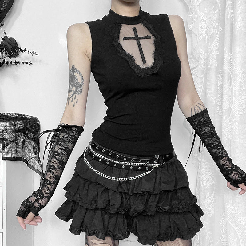 Damen elegantes Oberteil mit transparenten Einsätzen und hohem Kragen Drune