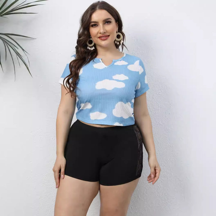 Damen lässiges Cropped T-Shirt mit Wolkenmuster Drune