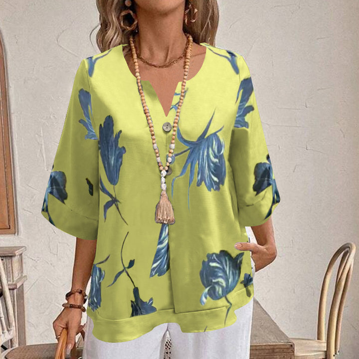 Damen Freizeit Tunika Bluse mit V-Ausschnitt, Schlitzknopf, Dreiviertelärmeln und floralem Oversize-Druck Drune