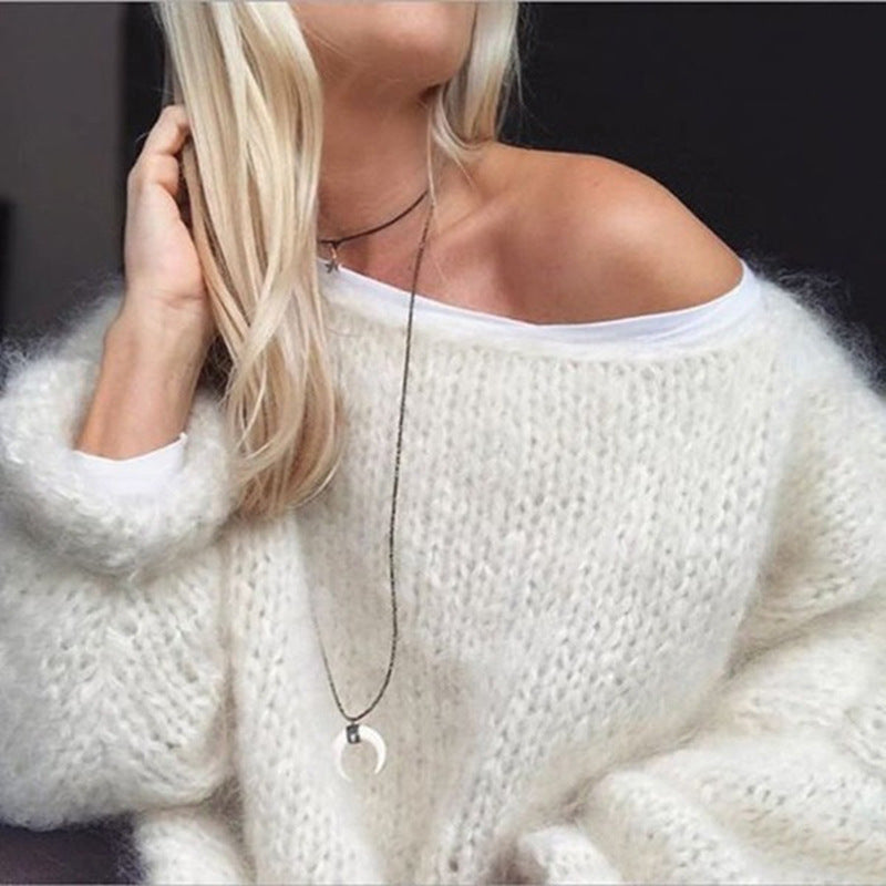 Damen Kurzgeschnitteter flauschiger Grobstrickpullover mit überschnittener Schulter Drune
