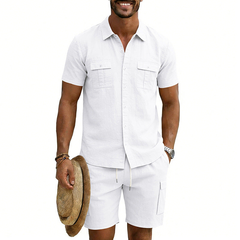 Herren nan sommerliches Freizeitset aus Baumwoll-Leinenmix mit Kurzarm-Hemd und Cargo-Shorts Drune