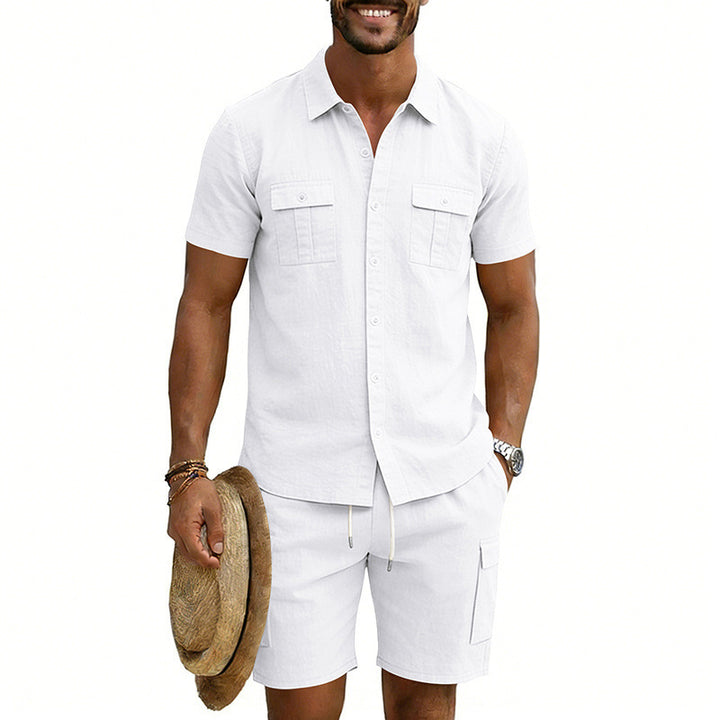 Herren nan sommerliches Freizeitset aus Baumwoll-Leinenmix mit Kurzarm-Hemd und Cargo-Shorts Drune