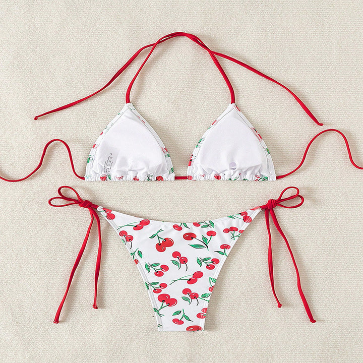 Damen Triangel-Bikini mit Krawattenverschluss und verspieltem Kirschdesign Drune