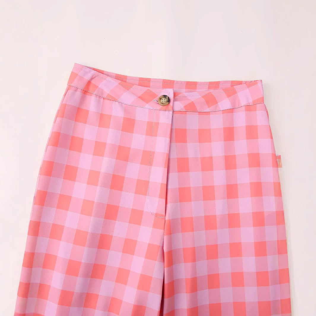 Damen elegante Freizeithose mit Karo-Muster und hohem Bund Drune