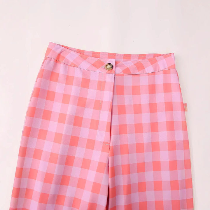 Damen elegante Freizeithose mit Karo-Muster und hohem Bund Drune