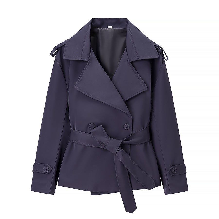 Damen Kurzgeschnittener taillierter Trenchcoat mit Bindegürtel und Schulterklappen Drune