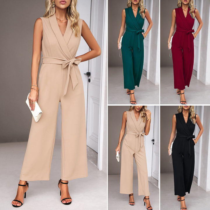 Damen eleganter Jumpsuit mit Wickeloptik und Taillengürtel Drune