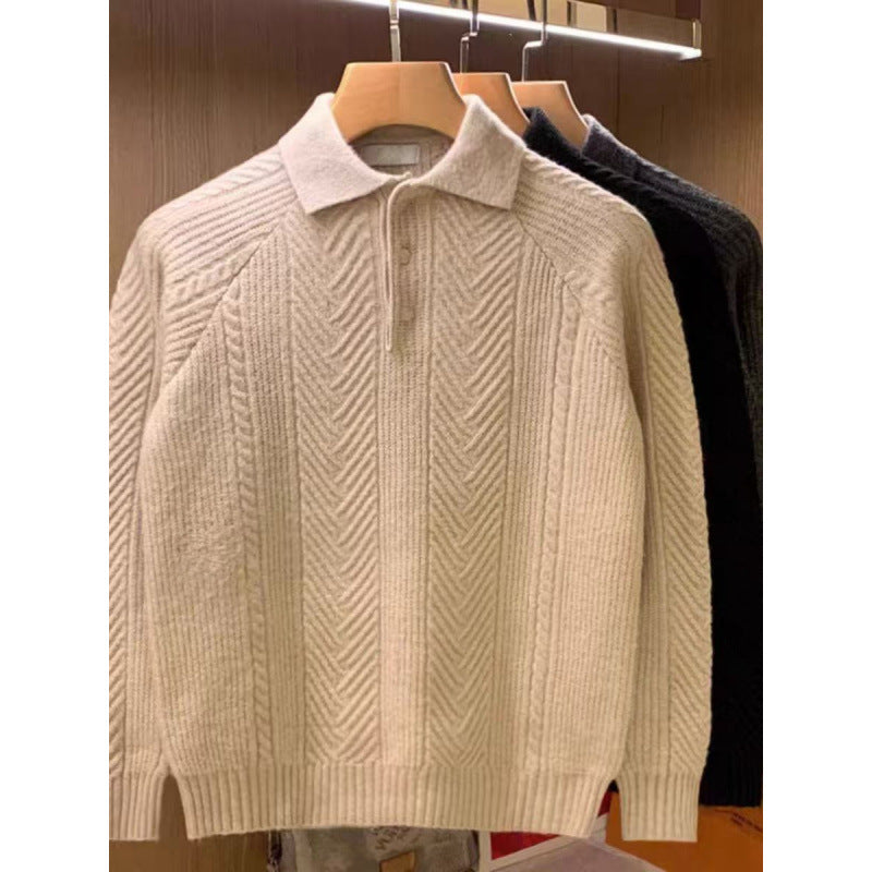 Herren Feinstrick-Polopullover mit halber Knopfleiste und Zopfmuster Drune