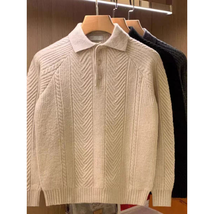 Herren Feinstrick-Polopullover mit halber Knopfleiste und Zopfmuster Drune
