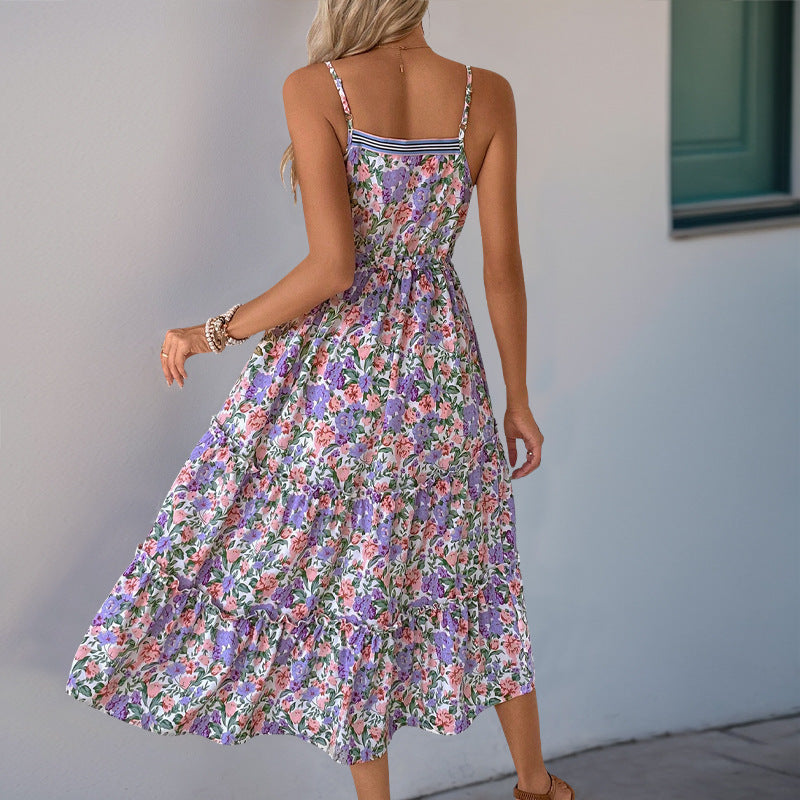 Damen Midikleid mit floralem Druck und raffiniertem Taillenzug Drune