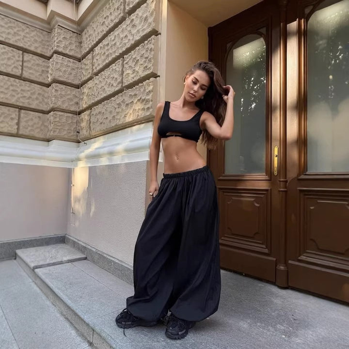 Damen weit geschnittene High-Waist Palazzo-Hose mit elastischem Bund und fließender Sommerqualität Drune
