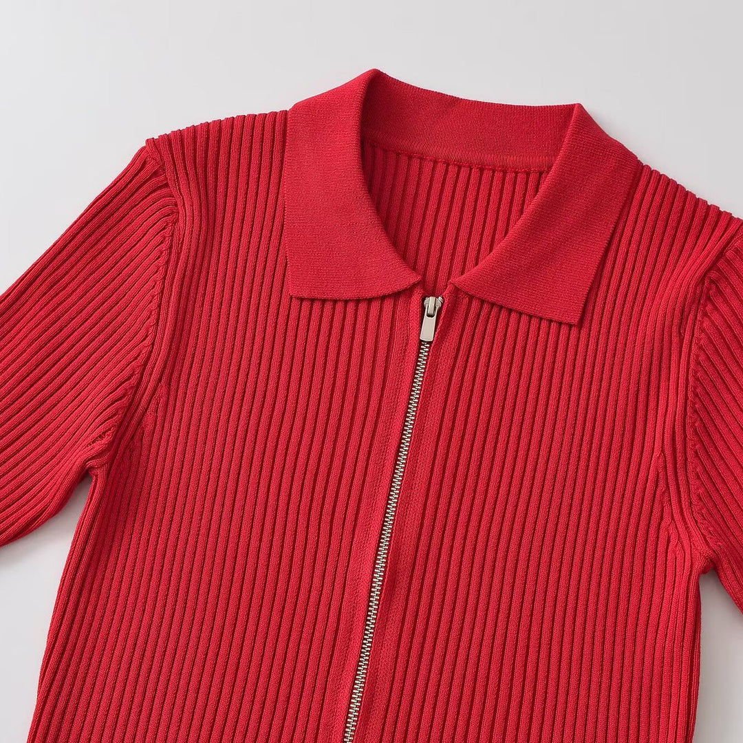 Damen Gerippte kurzärmelige Strickjacke mit durchgehendem Reißverschluss und Polokragen Drune