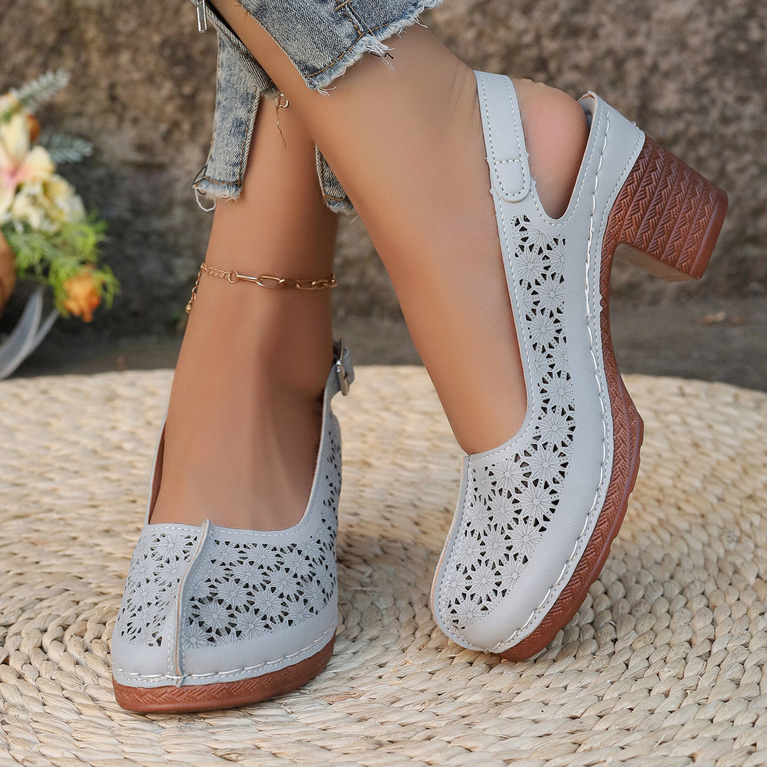 Damen  elegante Slingback-Pumps mit floralem Laser-Cut, gepolsterter Komfortinnensohle und stabilem Blockabsatz Drune