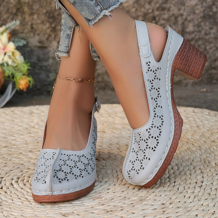 Damen  elegante Slingback-Pumps mit floralem Laser-Cut, gepolsterter Komfortinnensohle und stabilem Blockabsatz Drune