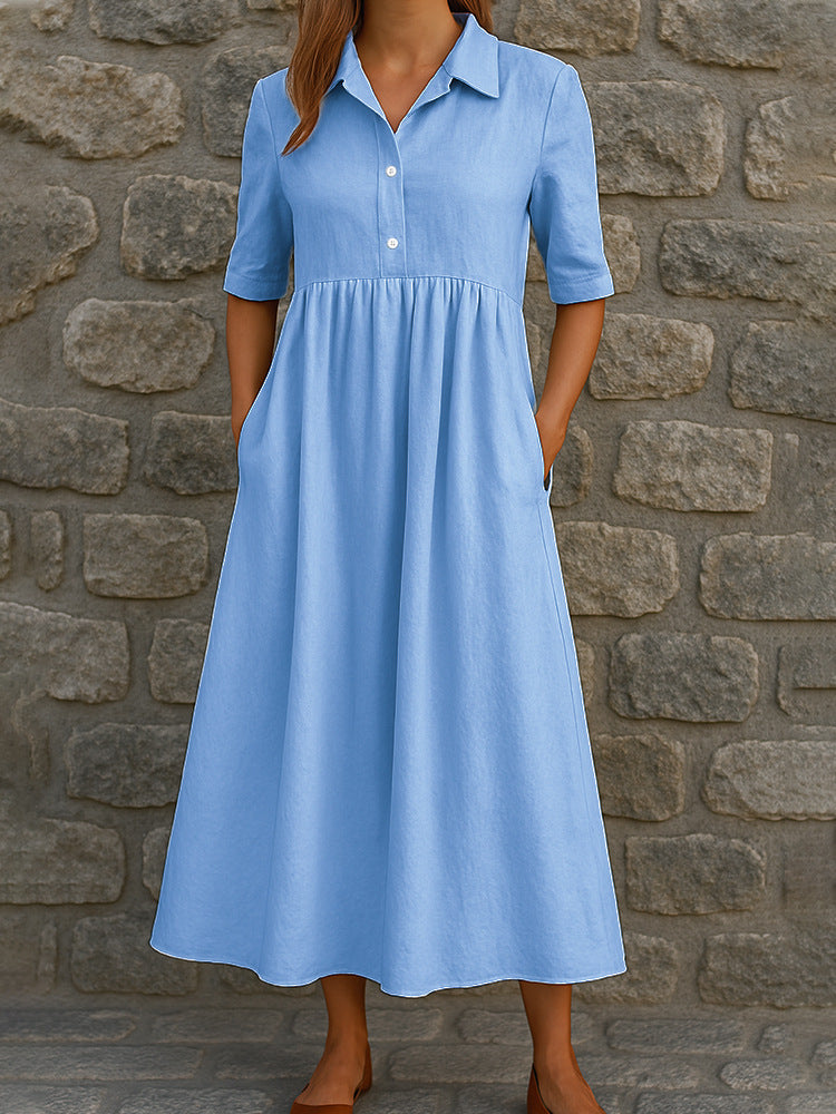 Damen Elegantes Maxikleid mit Hemdkragen und praktischen Taschen Drune