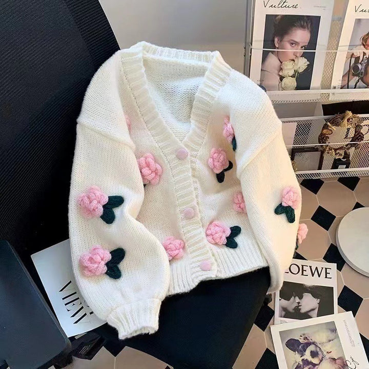 Damen Strickjacke mit Blumenapplikationen und elastischen Ärmeln Drune