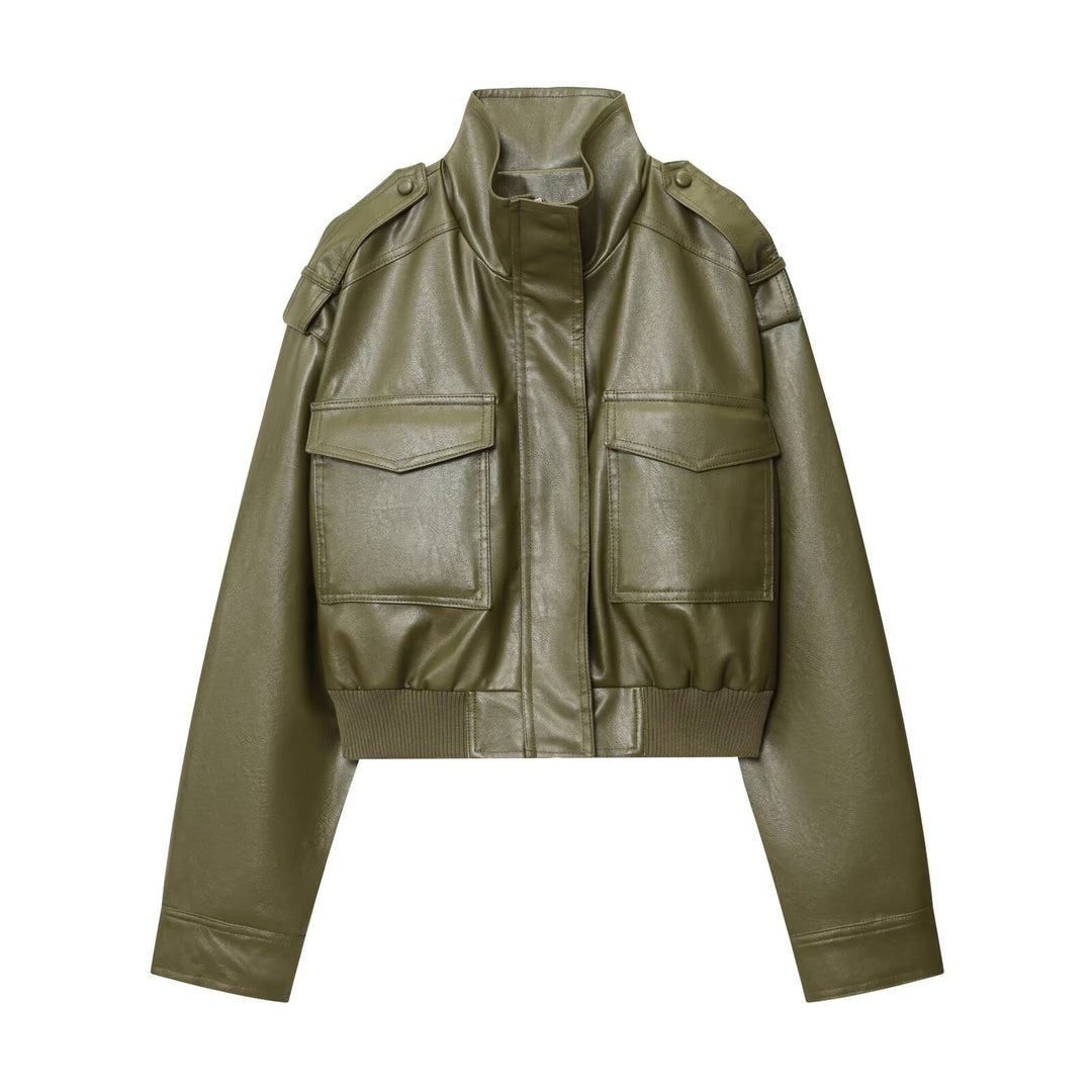 Damen modische cropped Bikerjacke mit Schulterklappen und großen Taschen Drune