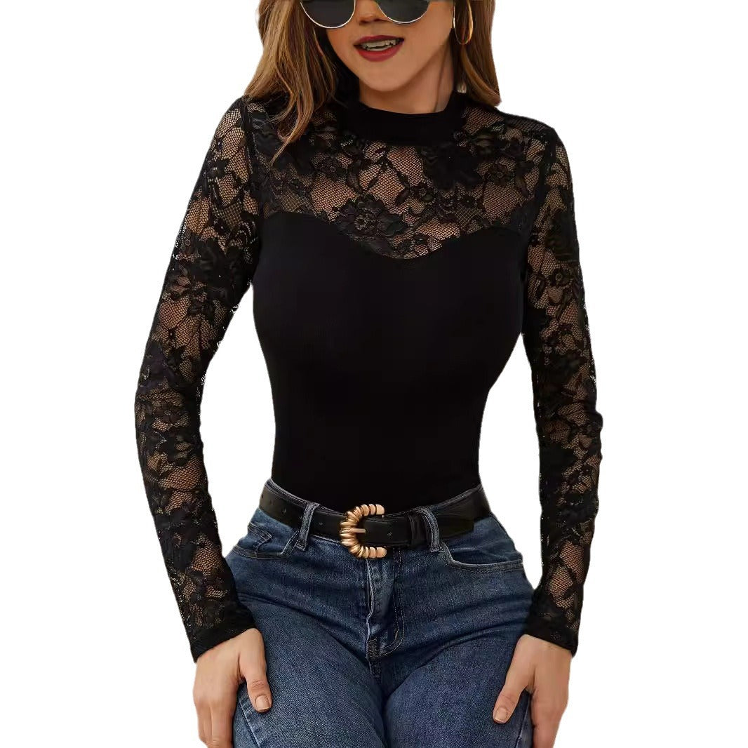 Damen Elegantes Longsleeve-Oberteil mit romantischer Spitze Drune
