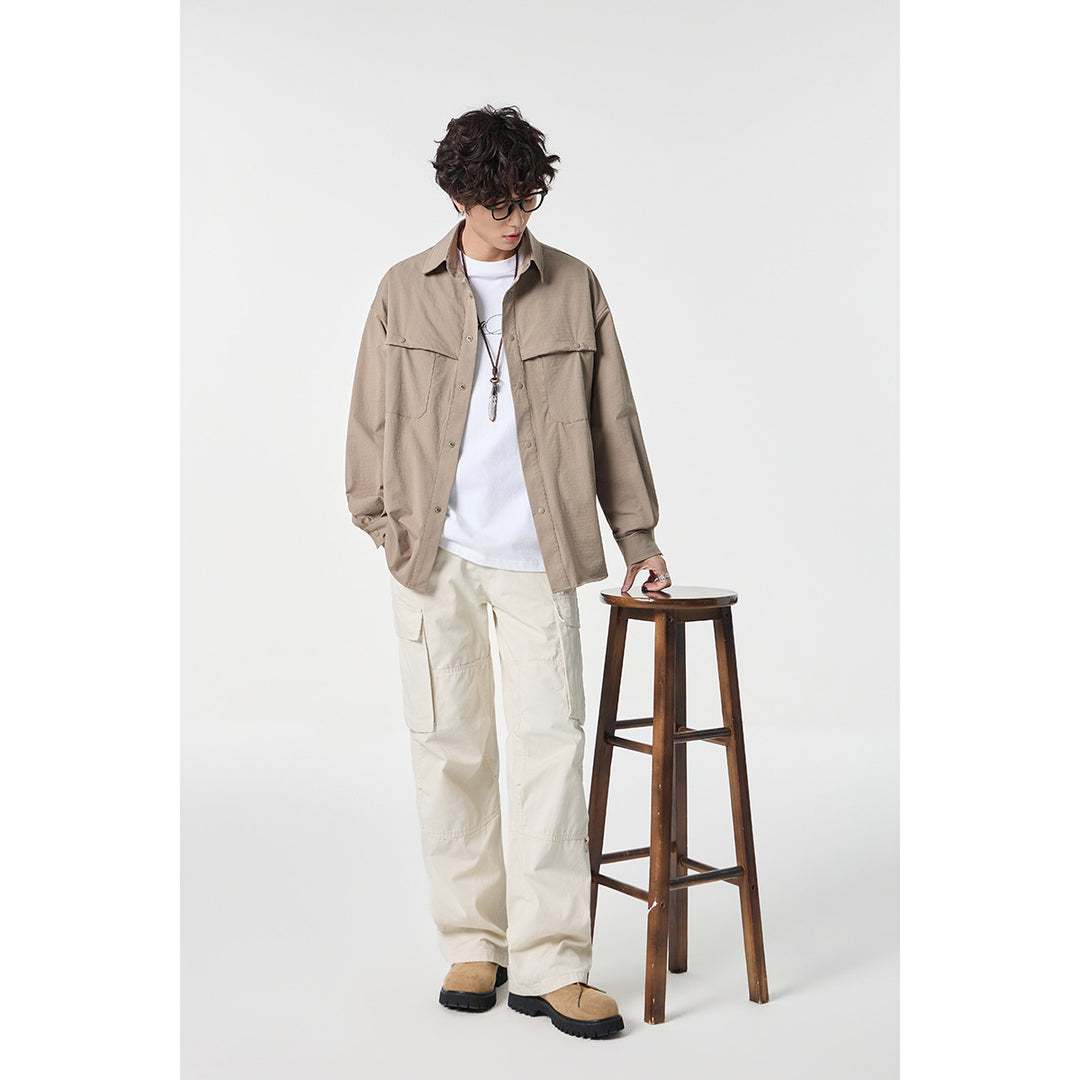 Unisex Weit geschnittene Hemdjacke im Utility‑Stil mit Druckknopfleiste Drune