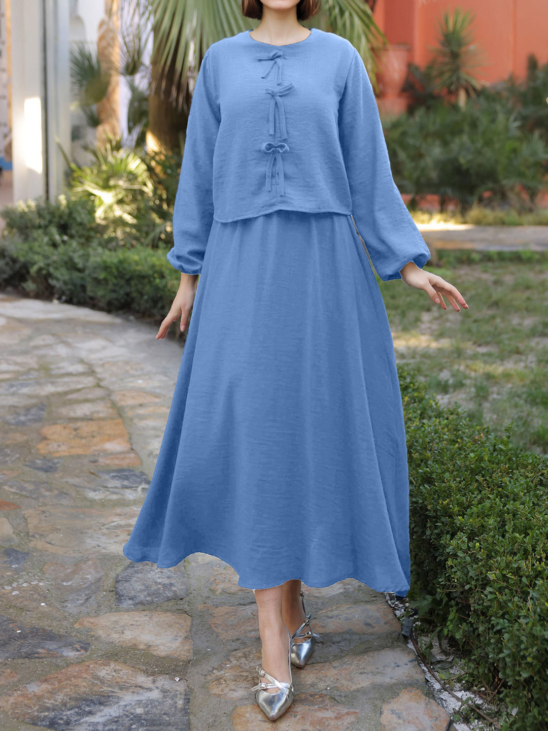 Damen Langes Zweiteiliges Maxikleid mit Überwurf, Rundhals und Zierknoten Drune