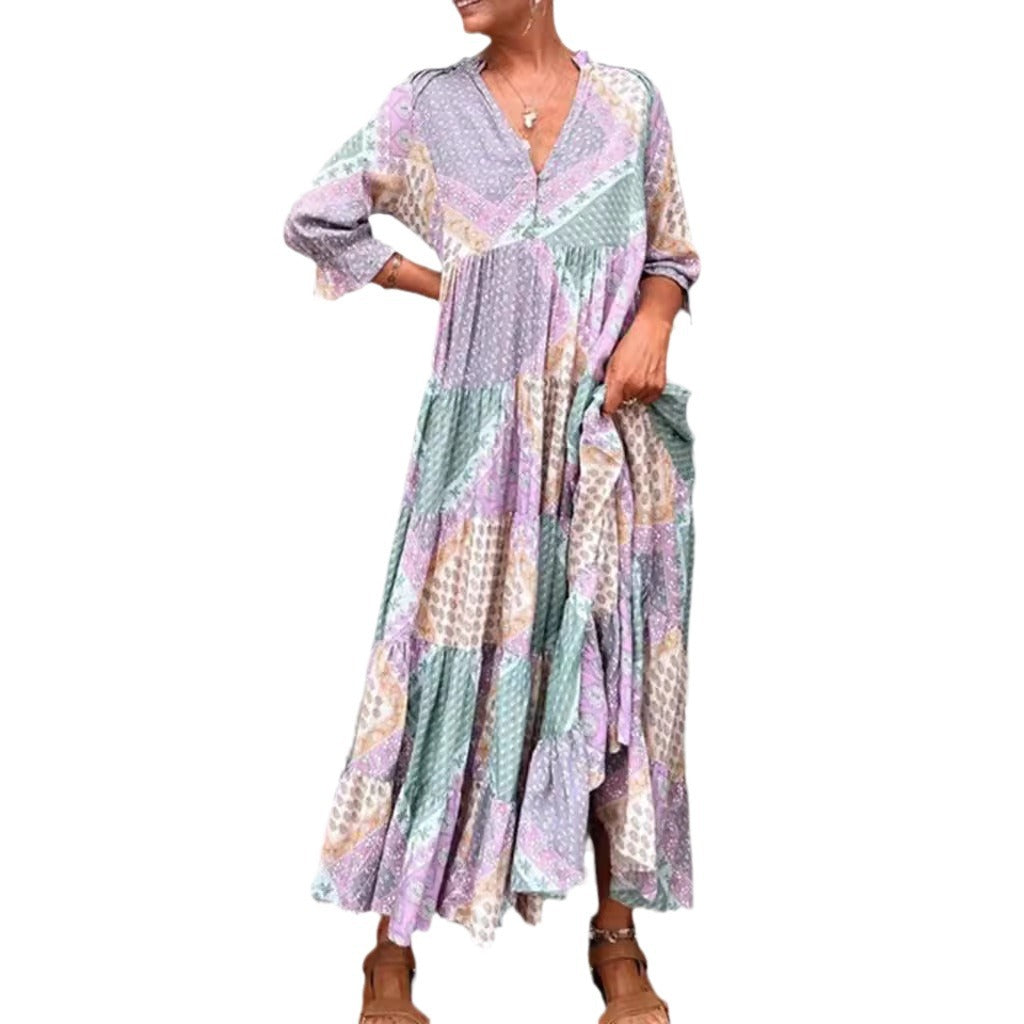 Damen nan luftiges Maxikleid im Patchwork-Boho-Stil mit V-Ausschnitt, gerafftem Oberteil und ausgestelltem Stufensaum Drune