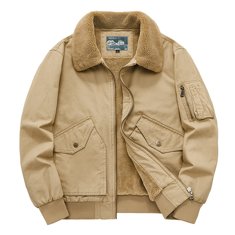 Men's  sherpa-lined cotton canvas aviator jacket with zip sleeve pocket Drune