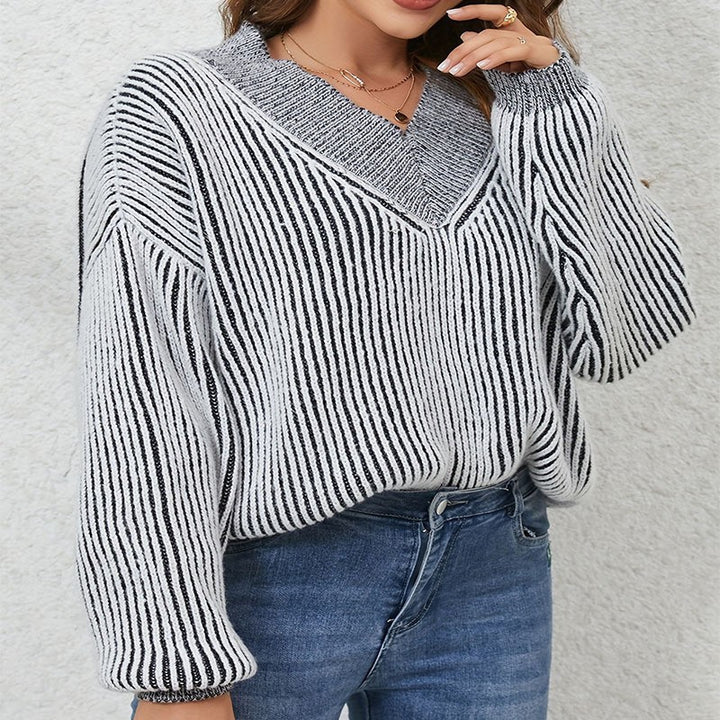 Damen Oversize-Strickpullover mit V-Ausschnitt und grafischem Streifenmuster Drune