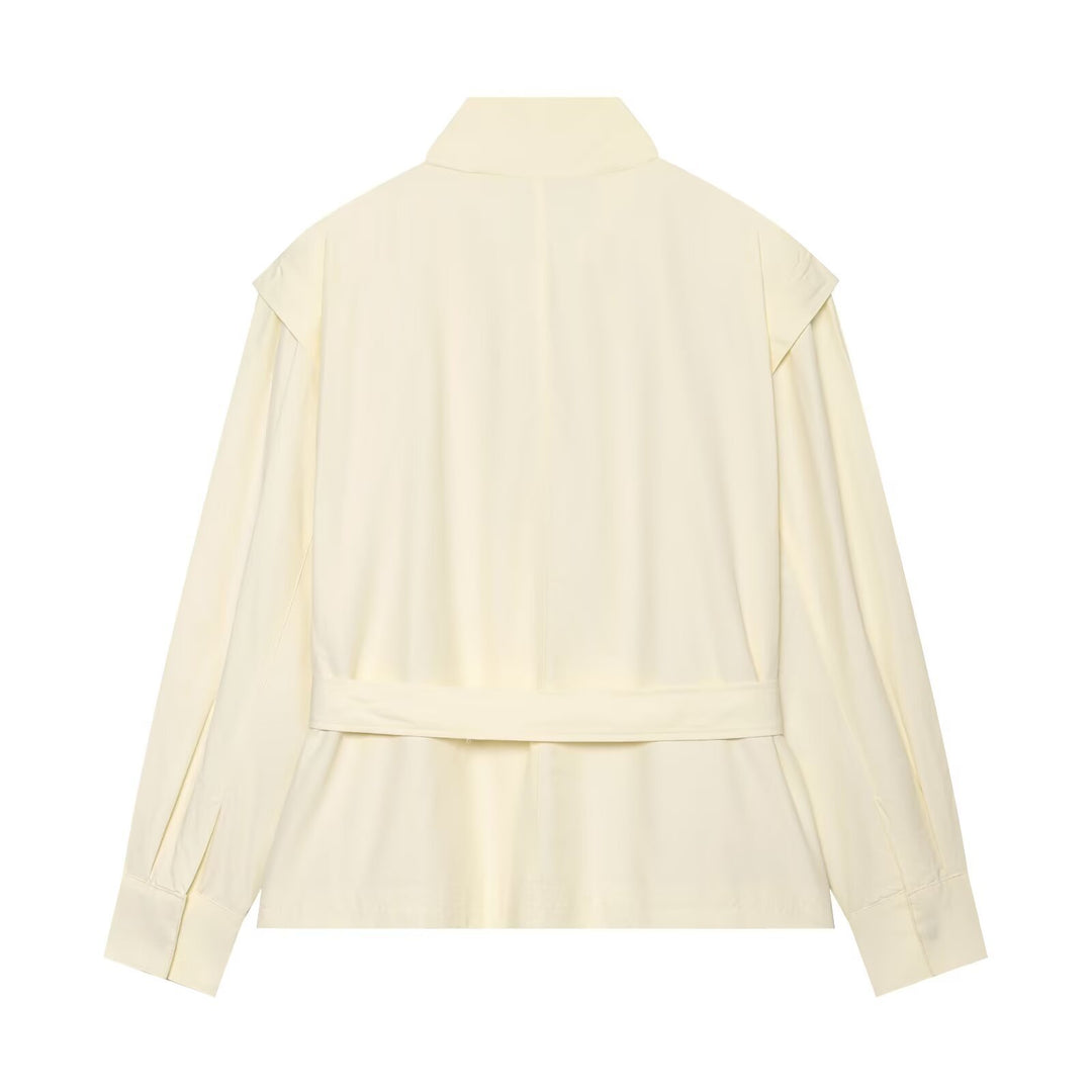 Damen Kurzjacke aus fließendem Stoff mit Taillengürtel und Cape-Schulter Drune