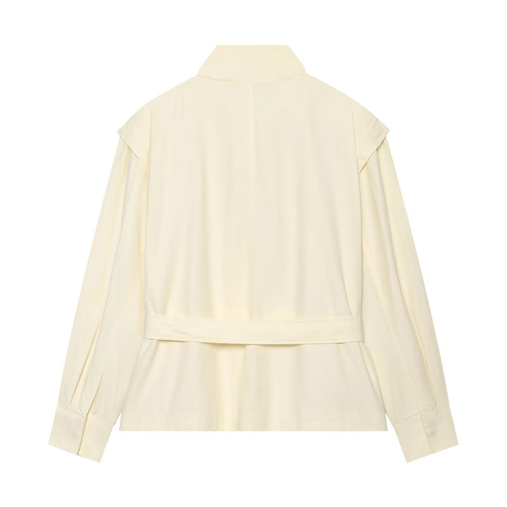 Damen Kurzjacke aus fließendem Stoff mit Taillengürtel und Cape-Schulter Drune