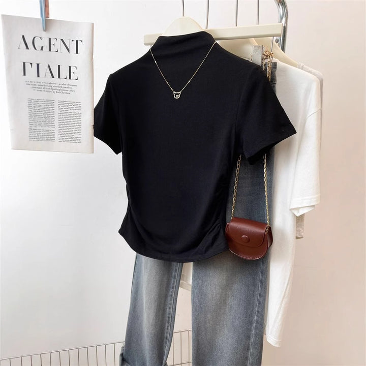 Damen figurbetontes T-Shirt mit Stehkragen und raffiniertem Rüschendetail