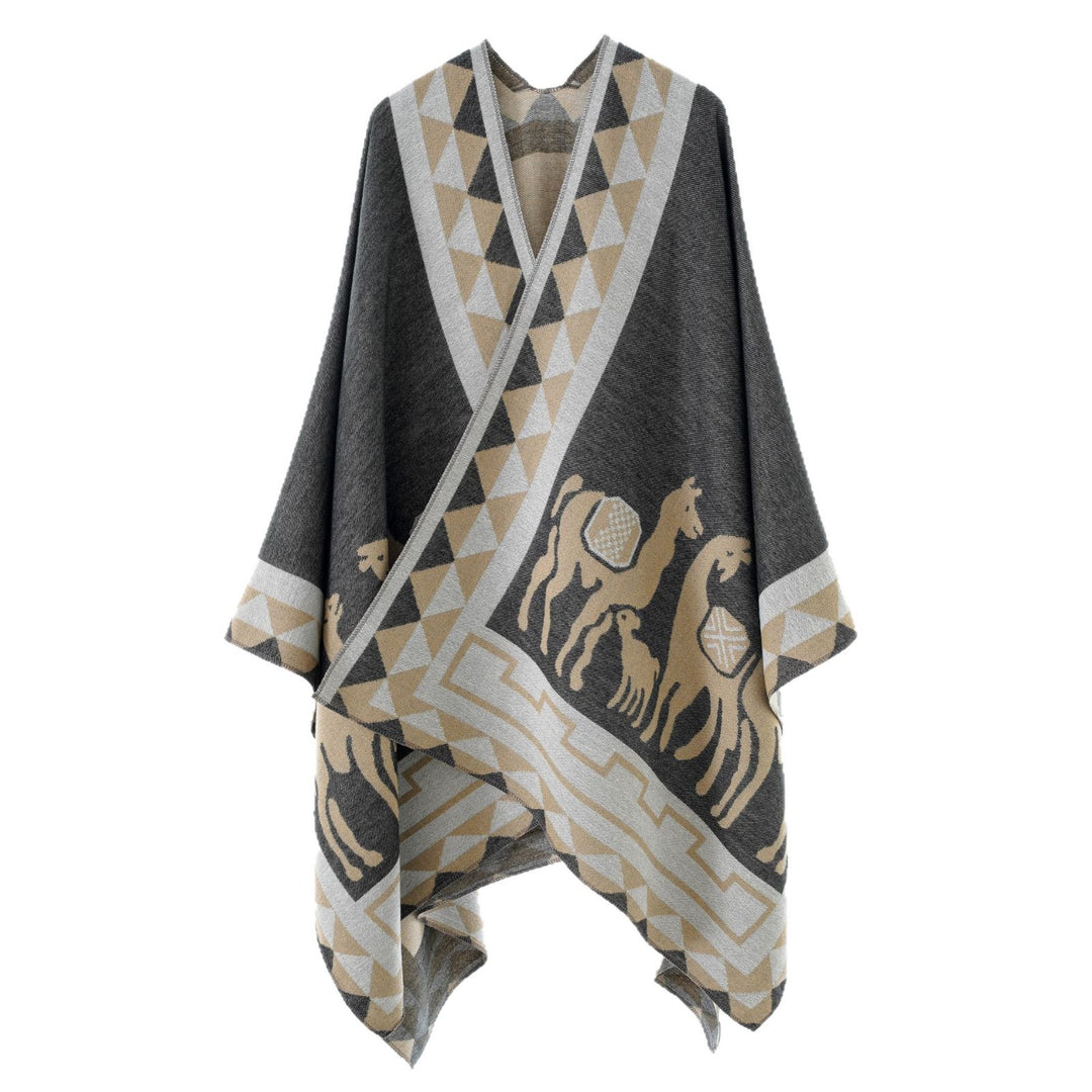 Damen Jacquard-Poncho mit Reitmotiv und geometrischem Bordürenmuster Drune