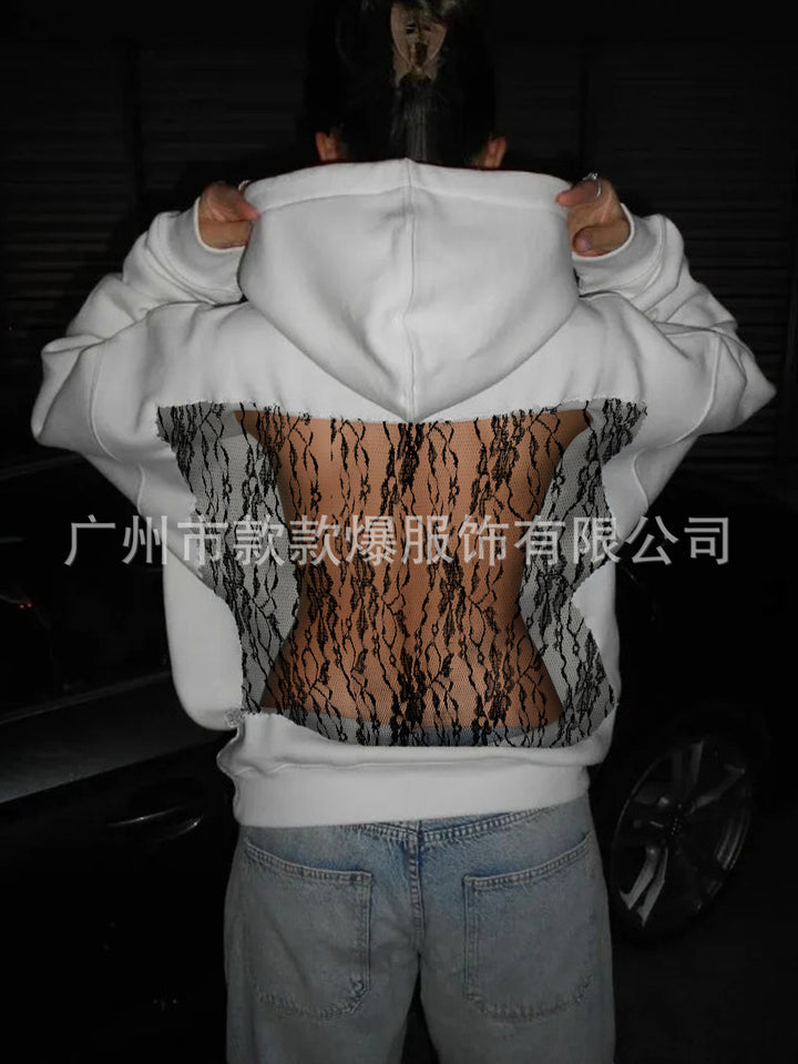 Damen nan Kapuzensweatshirt mit transparenter bestickter Rückenpartie Drune