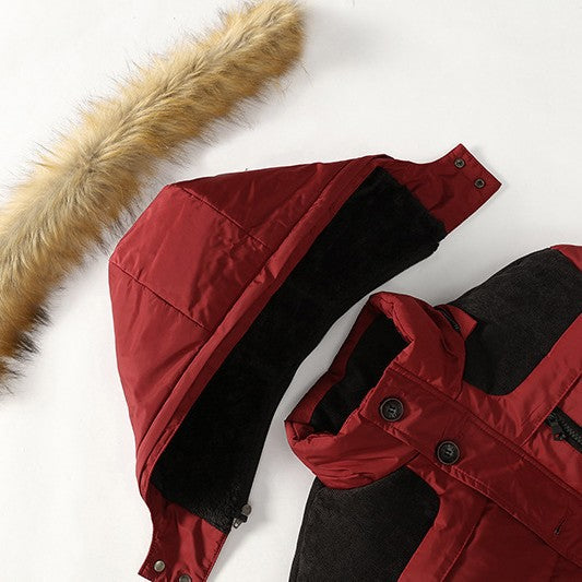 Herren Isolierter Steppparka mit Kunstfellkapuze, verdeckter Zip- und Druckknopfleiste Drune