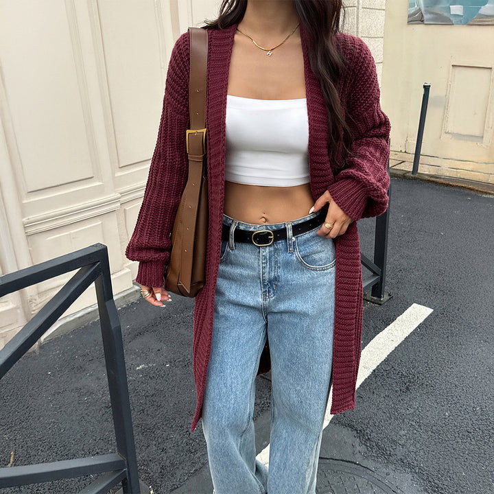 Damen nan lange Grobstrick-Cardigan mit offener Front und Ballonärmeln Drune